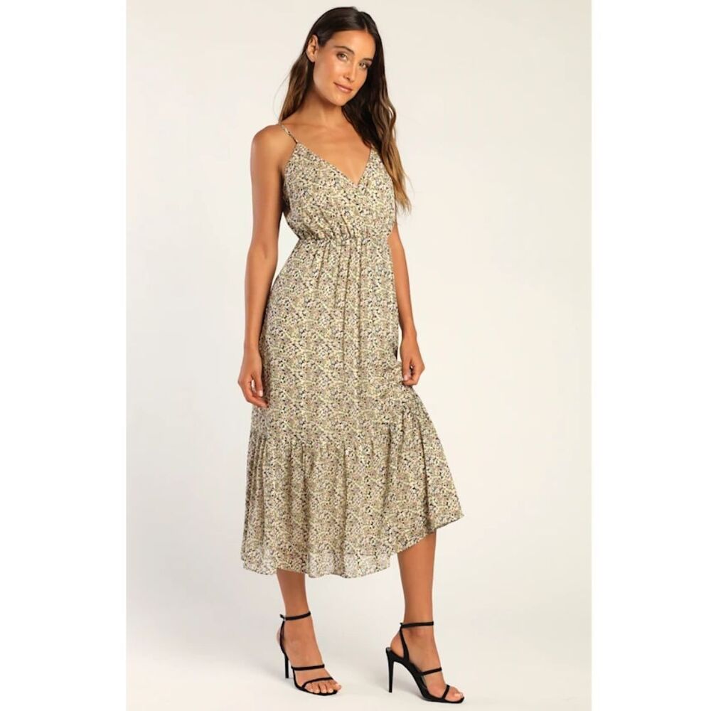 Lulus Floral Afternoon Dates Midi Dress Size Small Romantic Cottagecore New